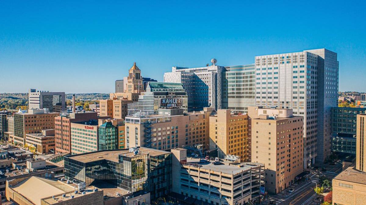 Rochester Minnesota cityscape showing the municipal water infrastructure that RPU manages for over 121,000 residents